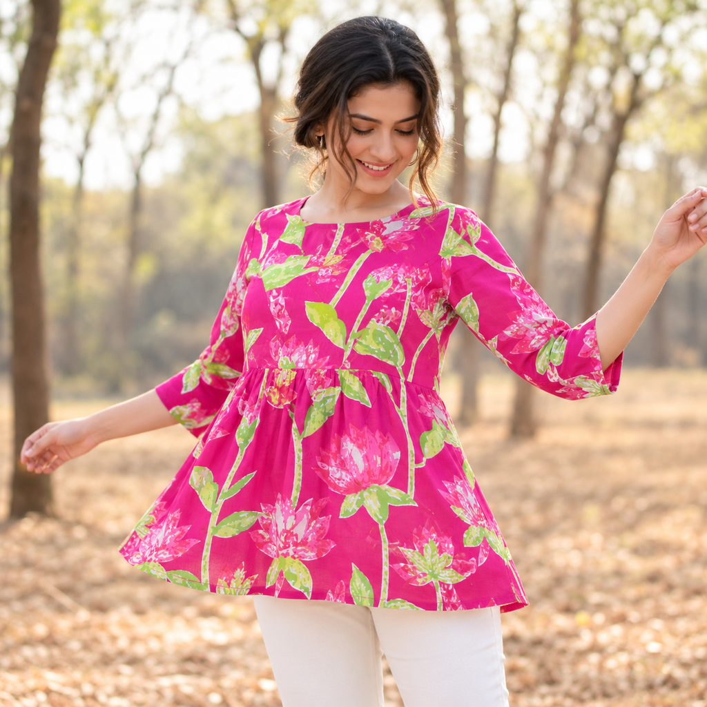 Women’s Pink Floral Cotton Top | Printed Flared Tunic