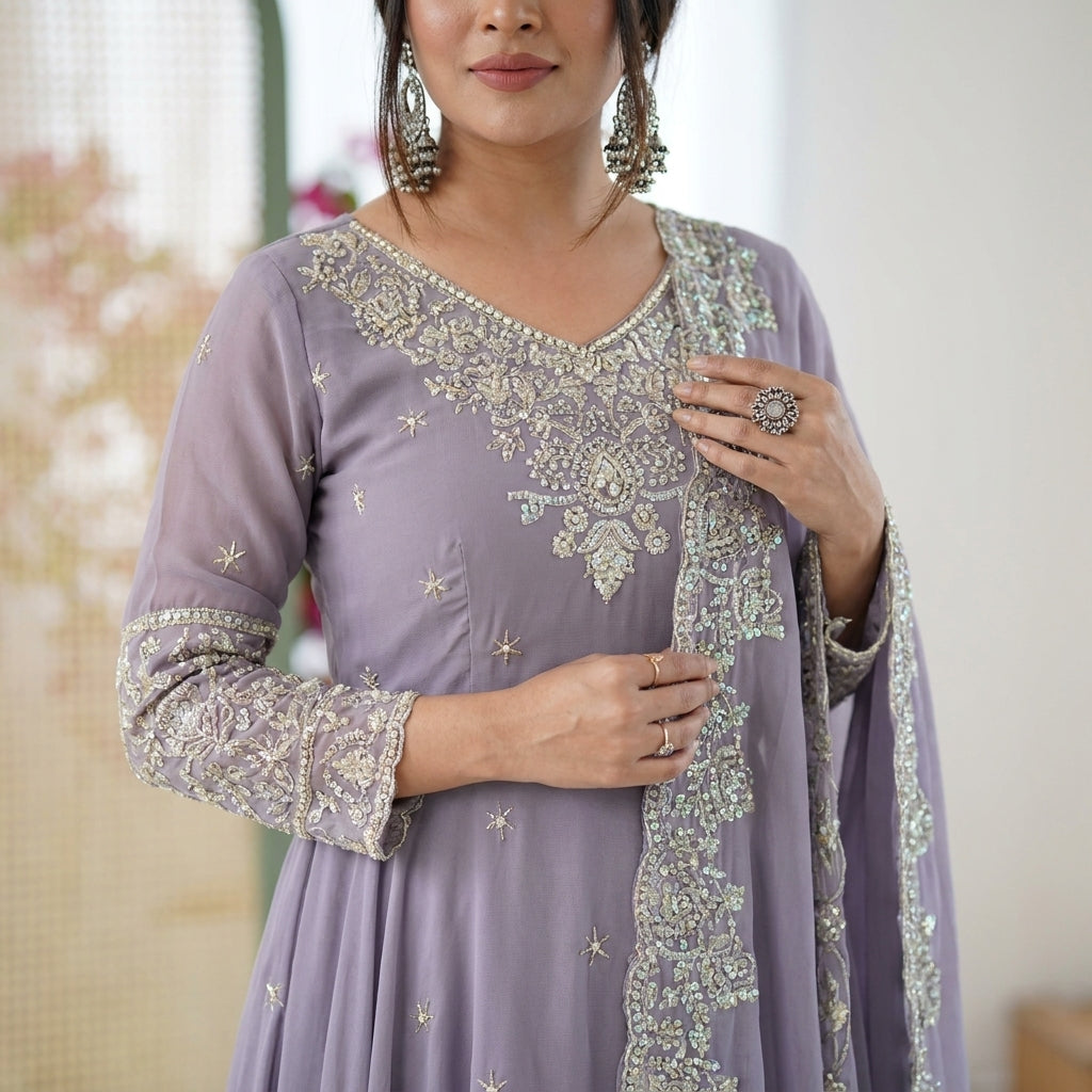 Lavender Grey Hand-Embellished Anarkali Suit Set with Dupatta
