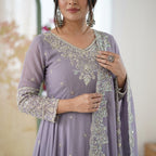 Lavender Grey Hand-Embellished Anarkali Suit Set with Dupatta