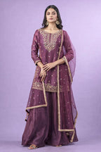 Elegant Embroidered Kurta Sharara Set with Net Dupatta