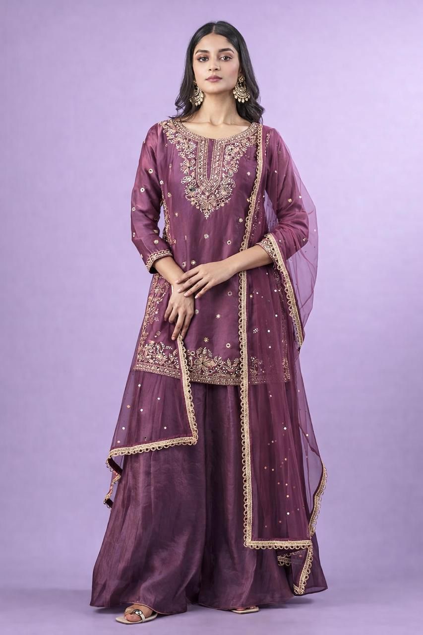 Elegant Embroidered Kurta Sharara Set with Net Dupatta