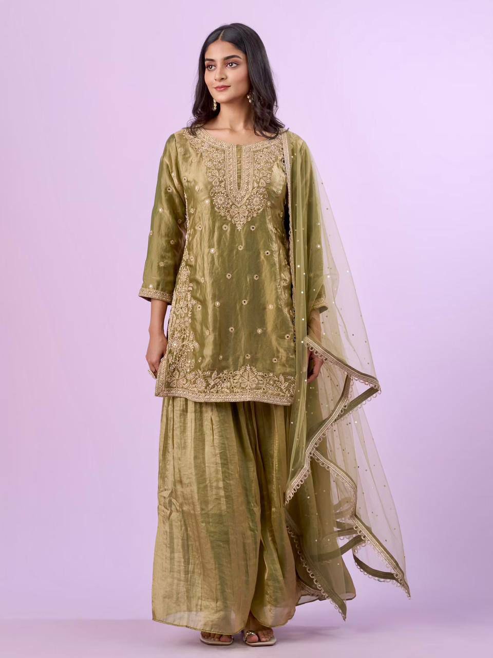 Elegant Embroidered Sharara Suit Set with Net Dupatta for Women