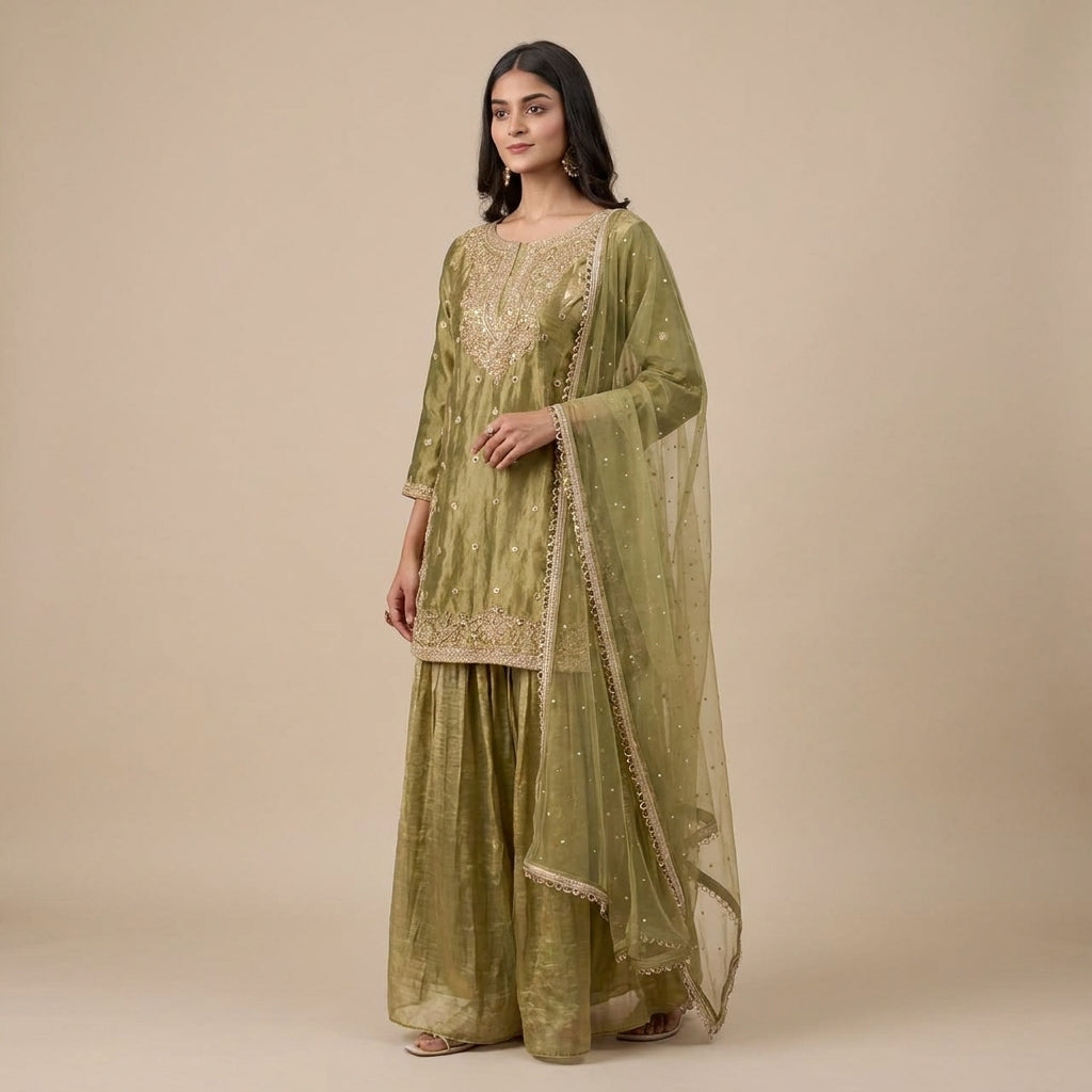 Elegant Embroidered Sharara Suit Set with Net Dupatta for Women