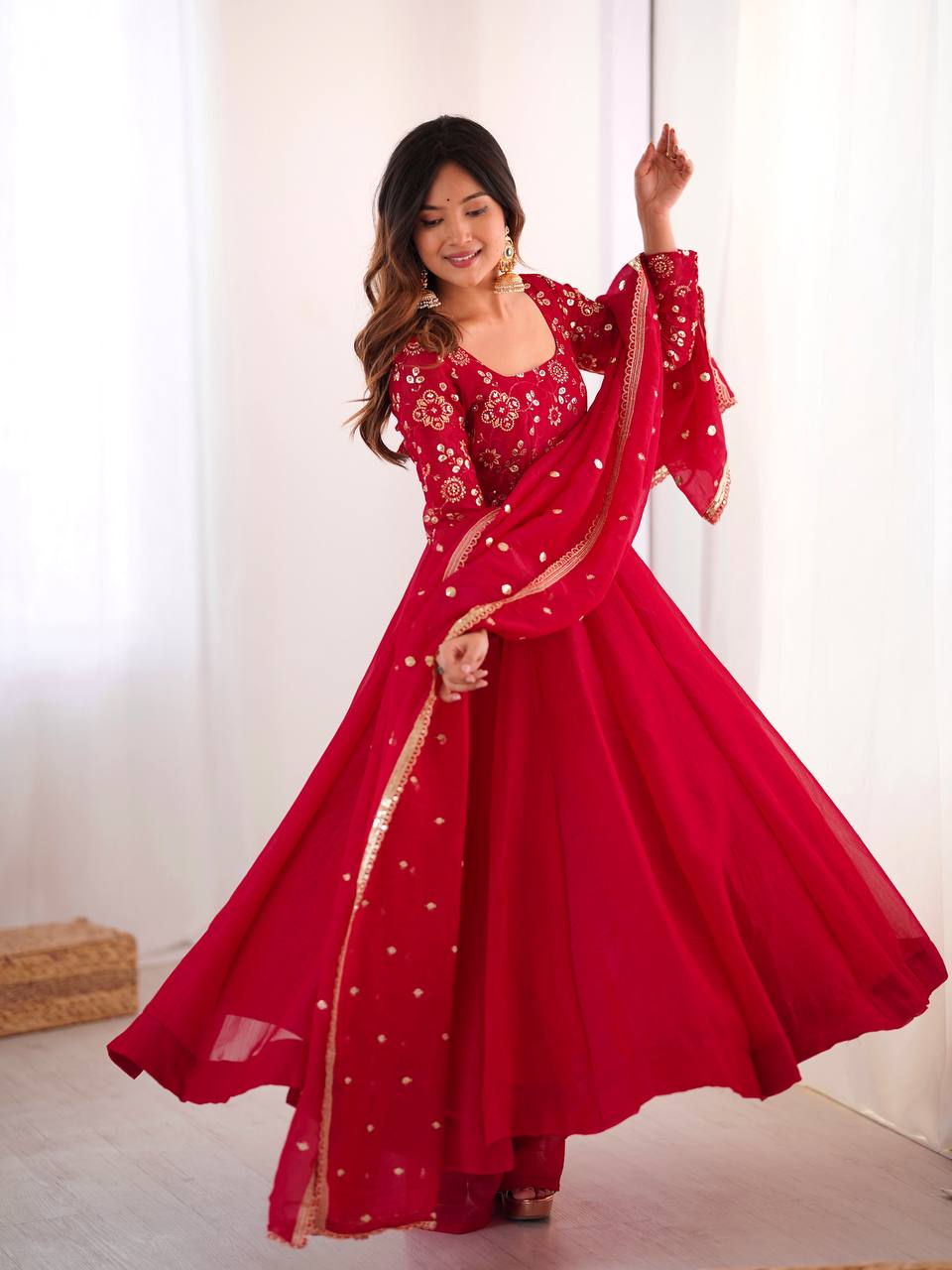Women’s Red Embroidered Anarkali Suit Set with Dupatta