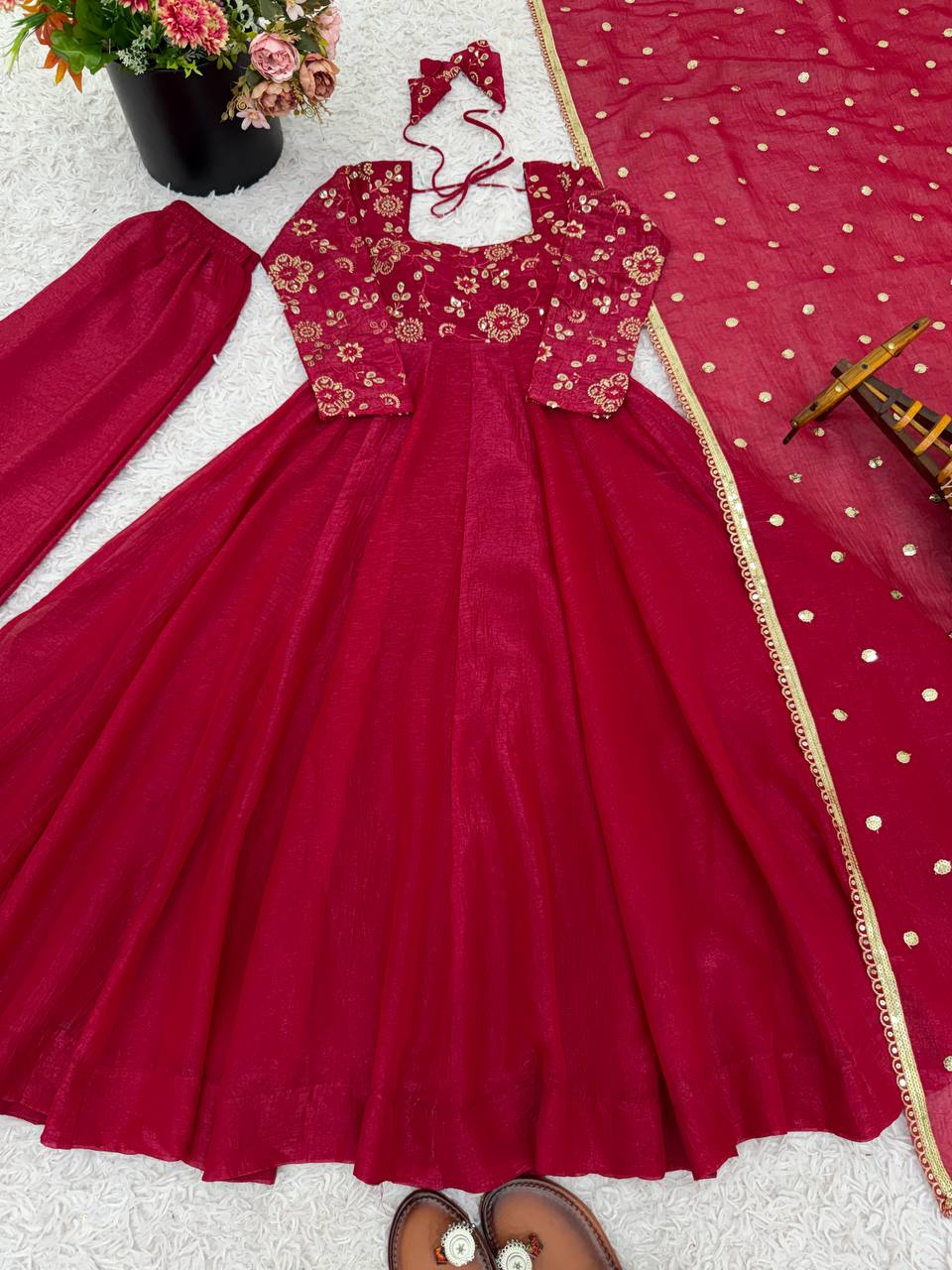 Women’s Red Embroidered Anarkali Suit Set with Dupatta