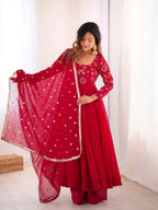 Women’s Red Embroidered Anarkali Suit Set with Dupatta