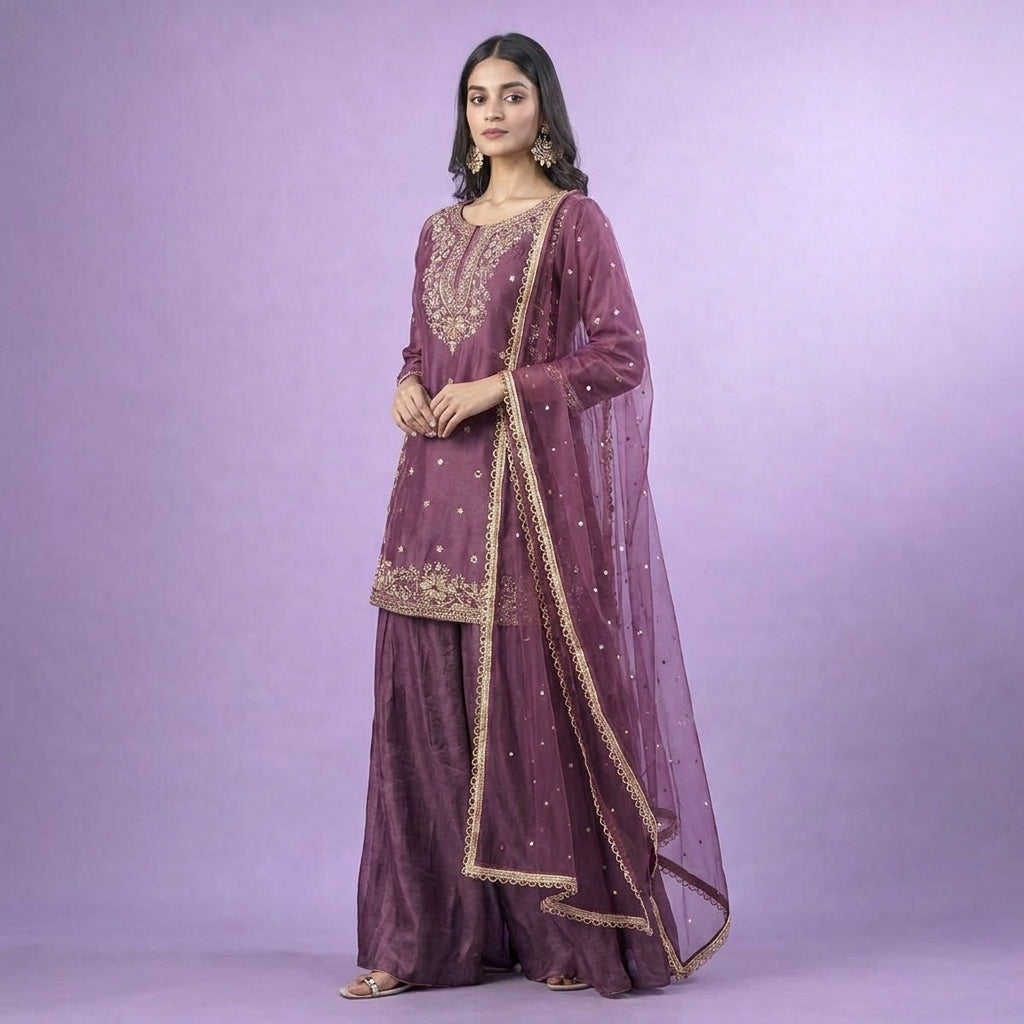 Elegant Embroidered Kurta Sharara Set with Net Dupatta