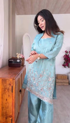 Women’s Sky Blue Embroidered Kurta Palazzo Set with Organza Jacket