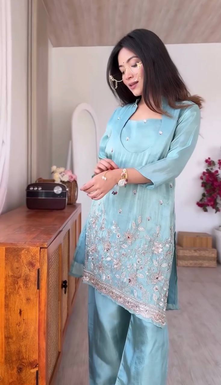 Women’s Sky Blue Embroidered Kurta Palazzo Set with Organza Jacket