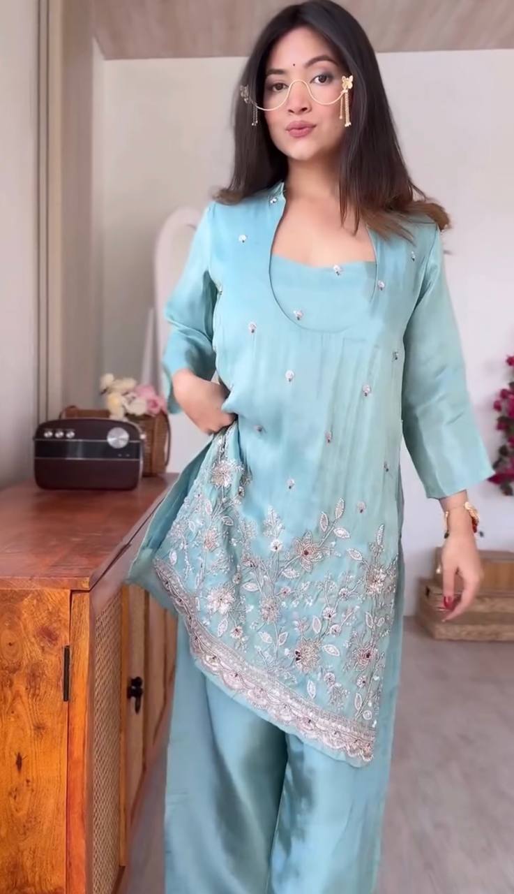 Women’s Sky Blue Embroidered Kurta Palazzo Set with Organza Jacket