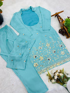 Women’s Sky Blue Embroidered Kurta Palazzo Set with Organza Jacket