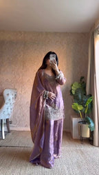 Women’s Lavender Embroidered Kurta Palazzo Set with Organza Dupatta