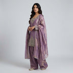 Women’s Lavender Embroidered Kurta Palazzo Set with Organza Dupatta
