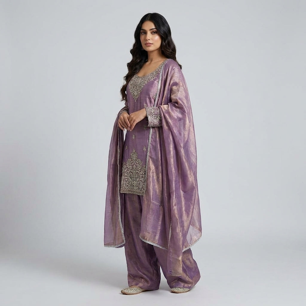 Women’s Lavender Embroidered Kurta Palazzo Set with Organza Dupatta