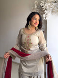 Women’s Beige Embroidered Kurta Palazzo Set with Dual Tone Dupatta