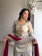 Women’s Beige Embroidered Kurta Palazzo Set with Dual Tone Dupatta