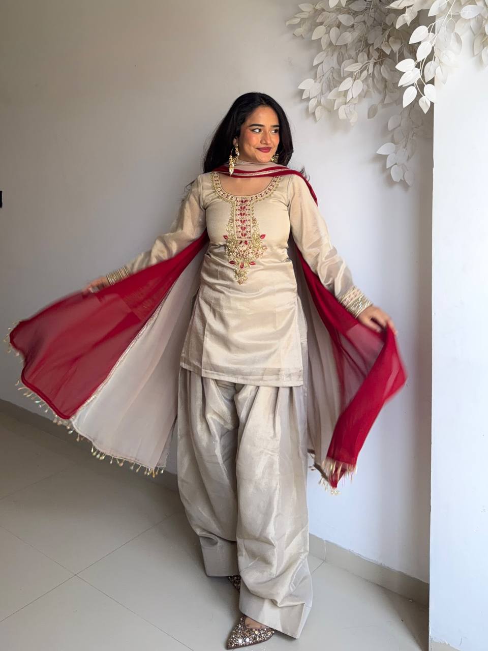Women’s Beige Embroidered Kurta Palazzo Set with Dual Tone Dupatta