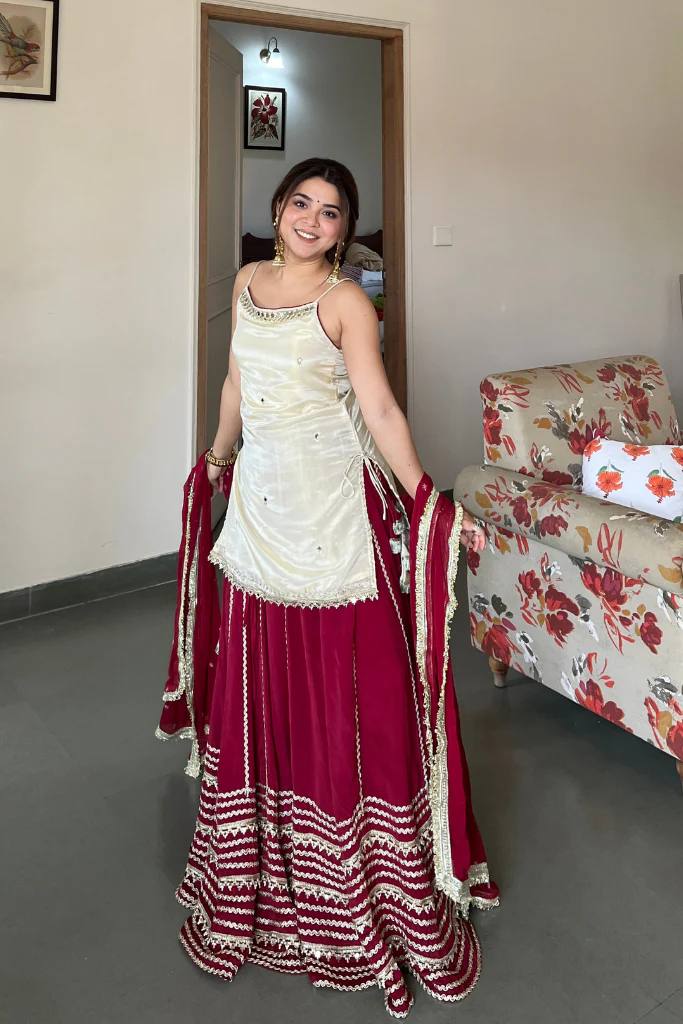 Women’s Maroon Lehenga Set with Ivory Kurti &amp; Dupatta