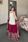 Women’s Maroon Lehenga Set with Ivory Kurti &amp; Dupatta