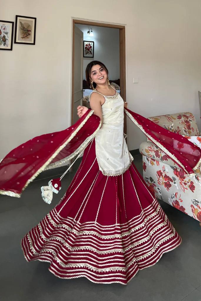 Women’s Maroon Lehenga Set with Ivory Kurti &amp; Dupatta