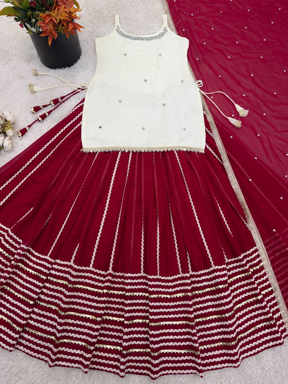 Women’s Maroon Lehenga Set with Ivory Kurti &amp; Dupatta