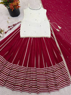 Women’s Maroon Lehenga Set with Ivory Kurti &amp; Dupatta