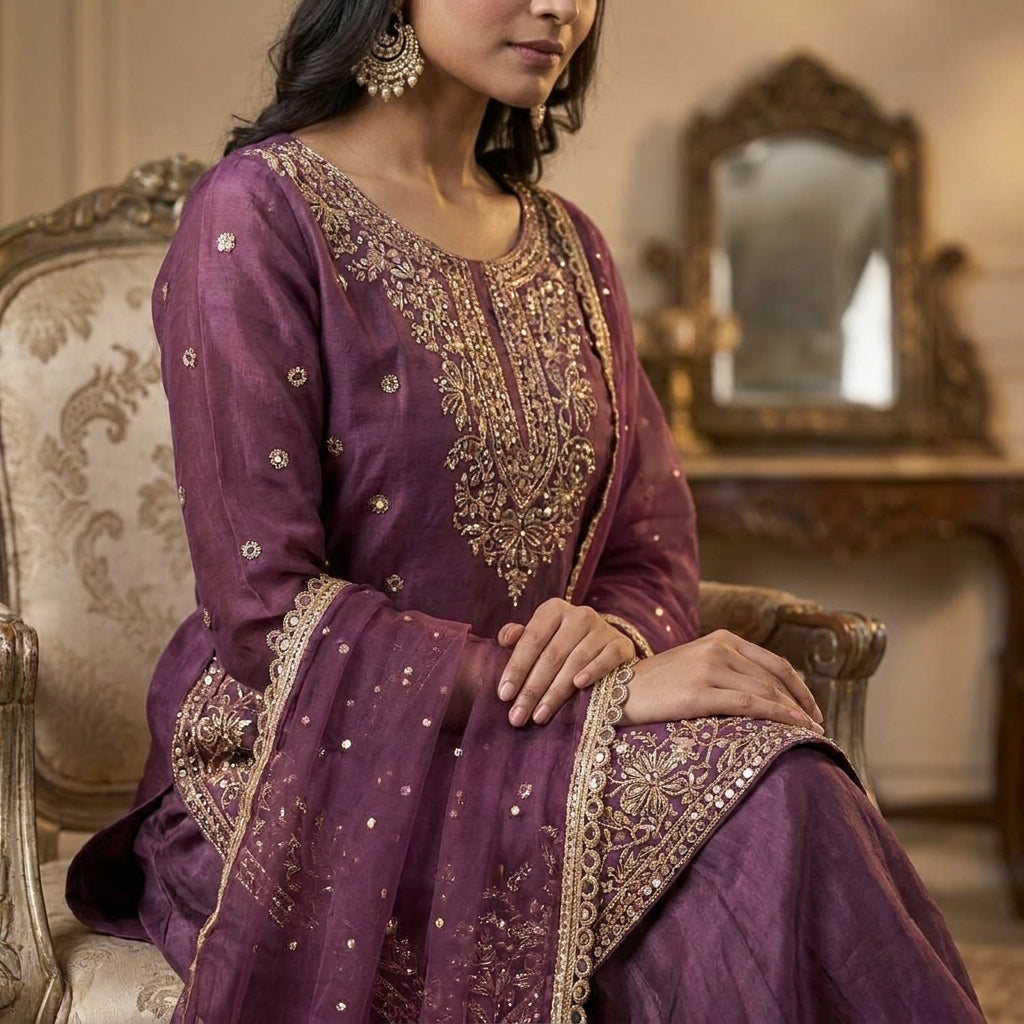 Elegant Embroidered Kurta Sharara Set with Net Dupatta
