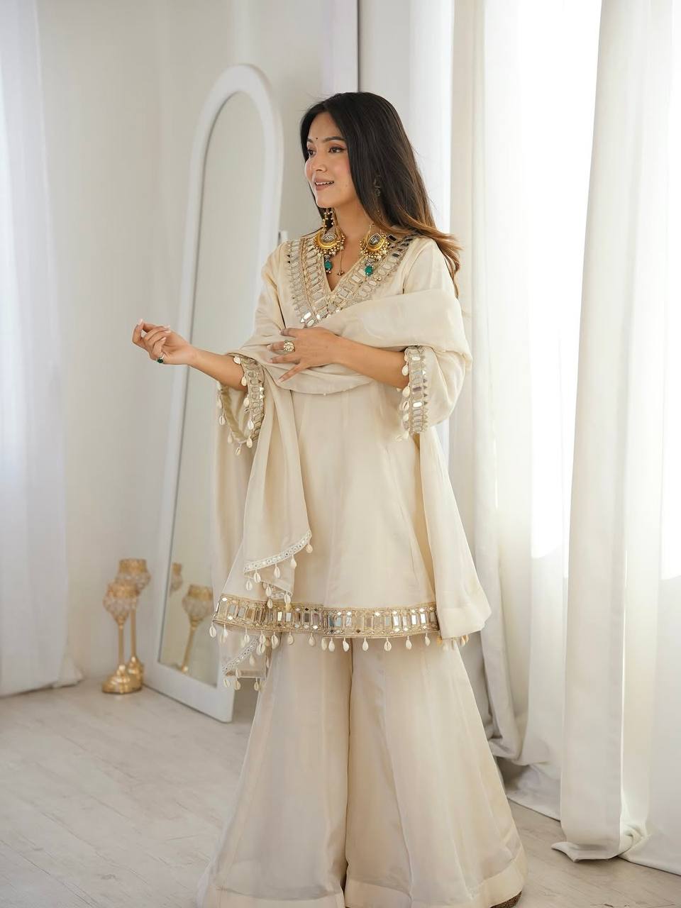 Ivory Mirror Work Sharara Suit Set with Elegant Dupatta