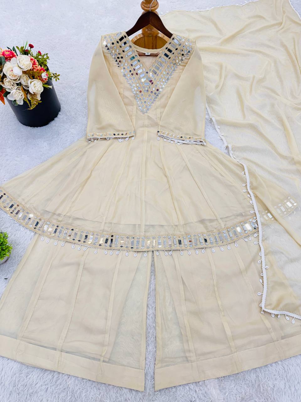 Ivory Mirror Work Sharara Suit Set with Elegant Dupatta