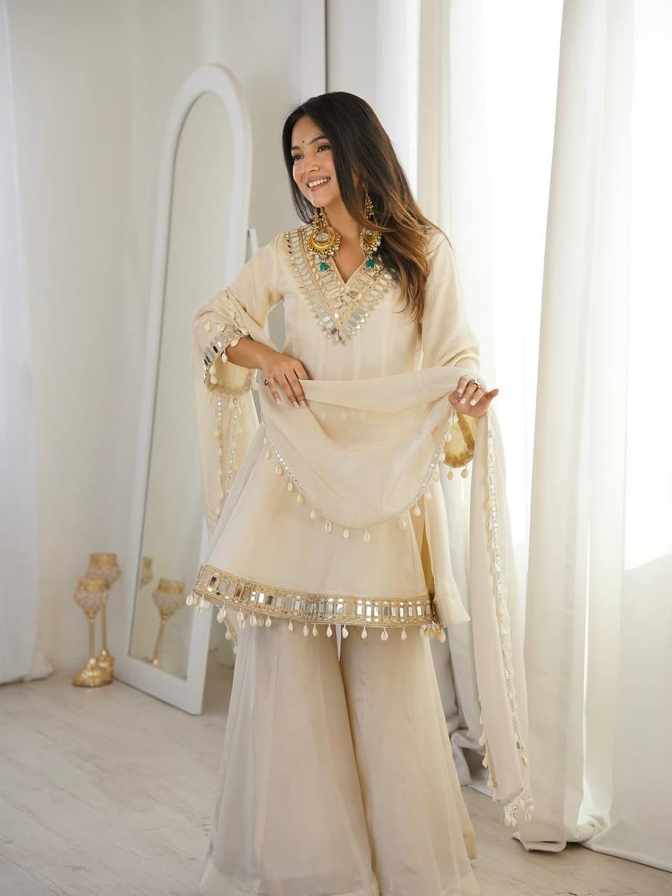 Ivory Mirror Work Sharara Suit Set with Elegant Dupatta