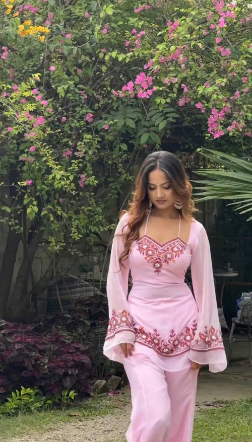Blush Pink Floral Embroidered Party Wear Co-Ord Set with Bell Sleeves
