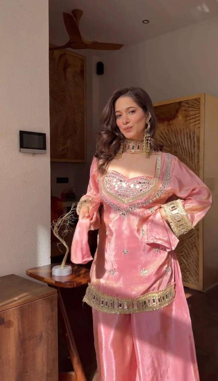 Blush Pink Mirror Work Designer Sharara Suit Set