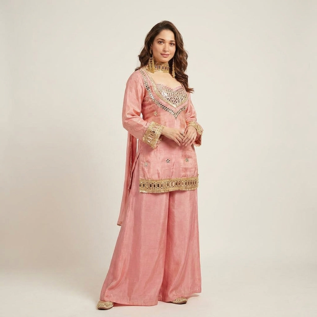 Blush Pink Mirror Work Designer Sharara Suit Set