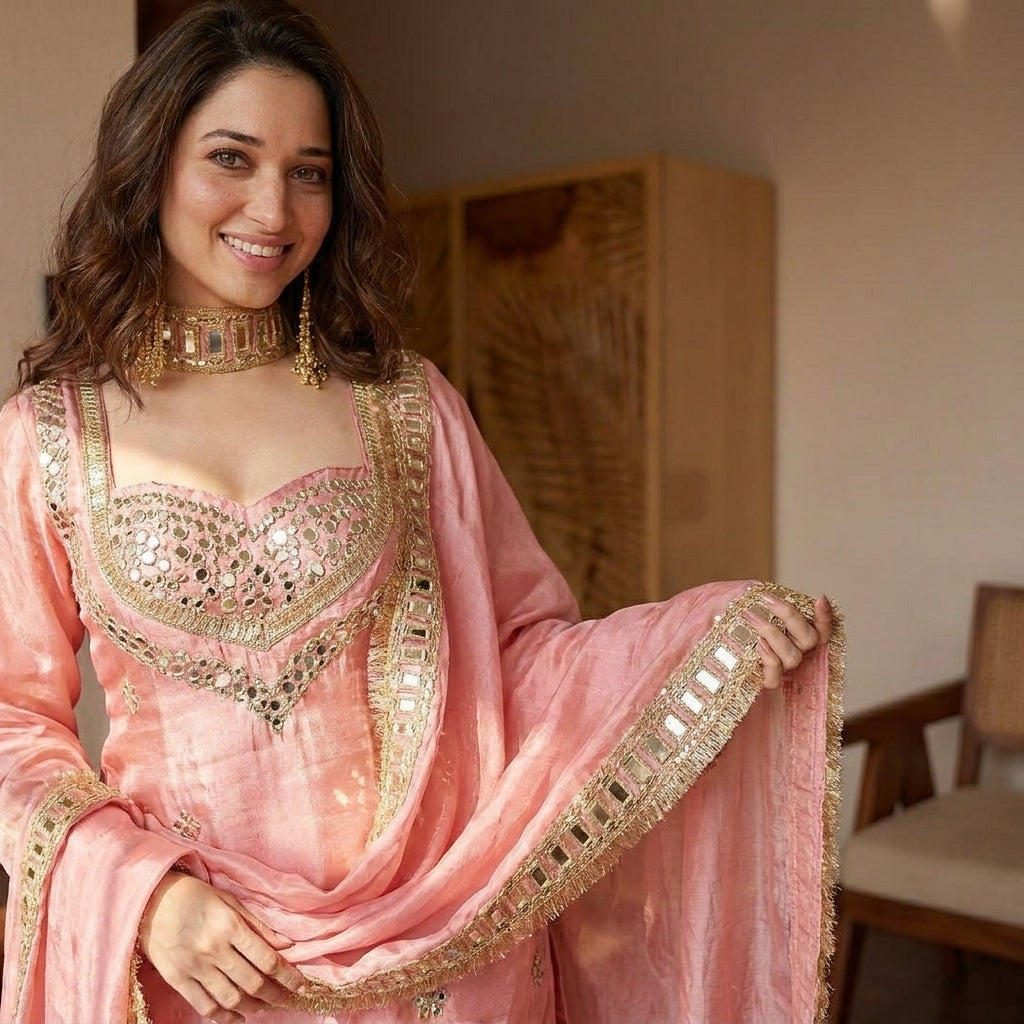 Blush Pink Mirror Work Designer Sharara Suit Set