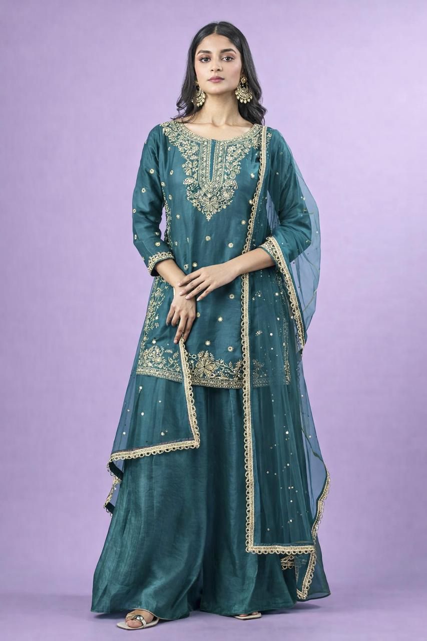 Elegant Embroidered Kurta Sharara Set with Net Dupatta