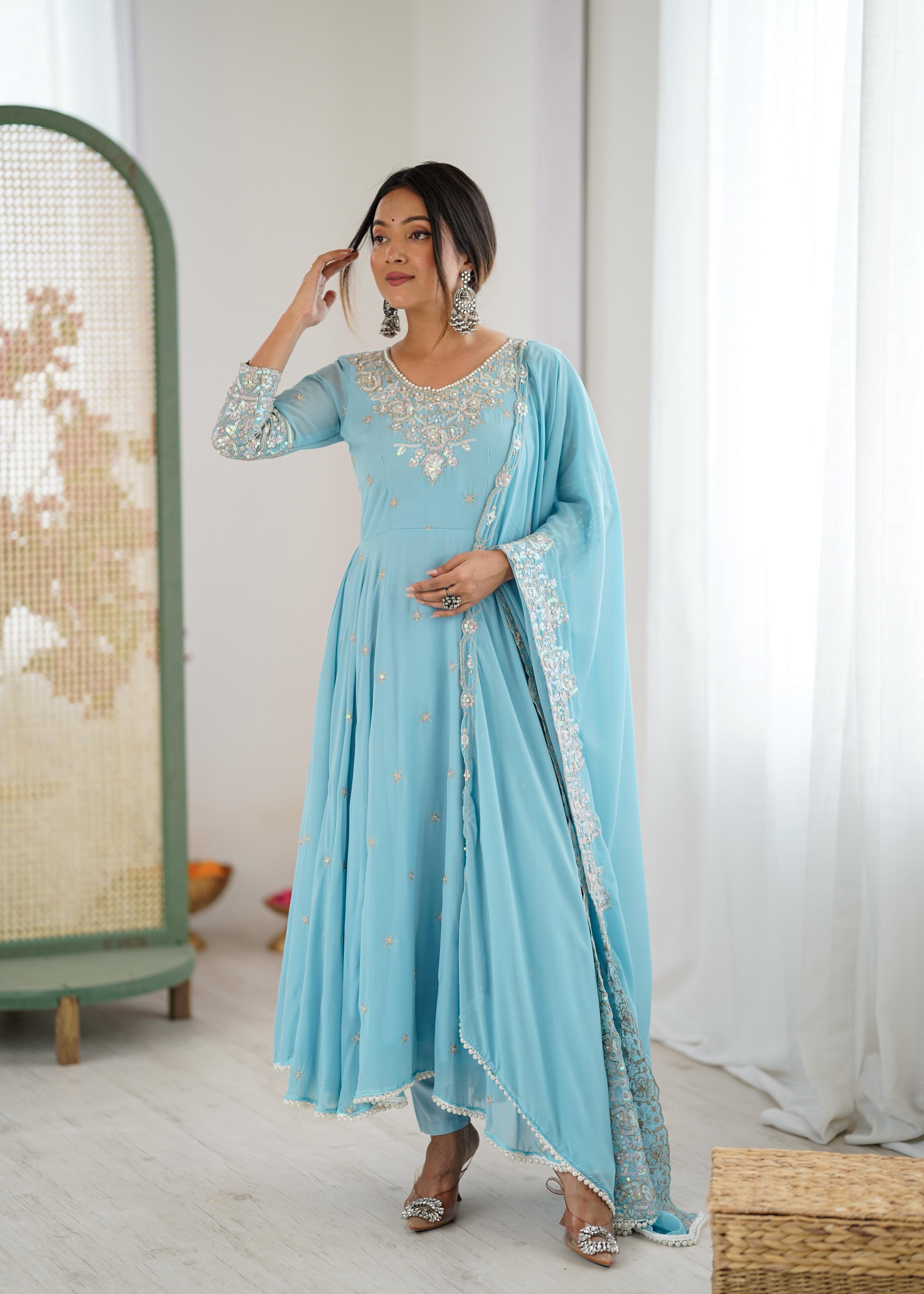 Sky Blue Embroidered Anarkali Suit Set