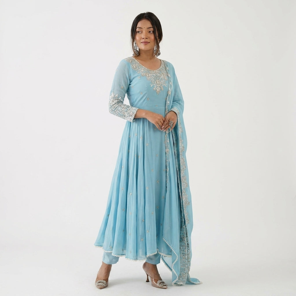 Sky Blue Embroidered Anarkali Suit Set