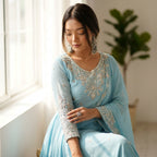 Sky Blue Embroidered Anarkali Suit Set