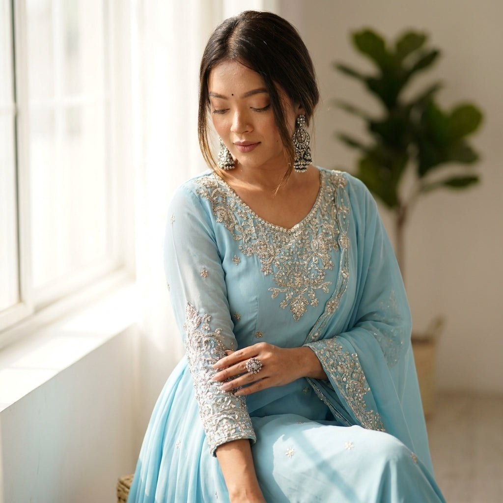 Sky Blue Embroidered Anarkali Suit Set