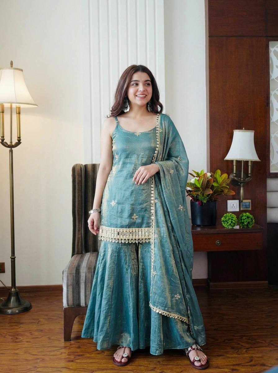 Teal Blue Designer Sharara Suit Set with Dupatta