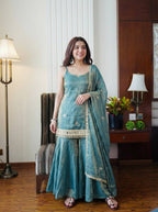 Teal Blue Designer Sharara Suit Set with Dupatta
