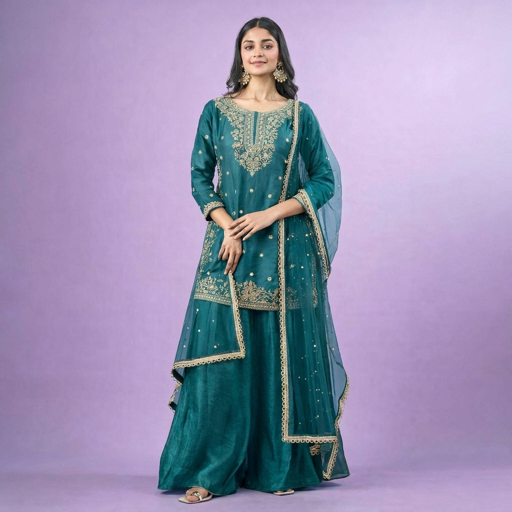 Elegant Embroidered Kurta Sharara Set with Net Dupatta