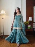 Teal Blue Designer Sharara Suit Set with Dupatta