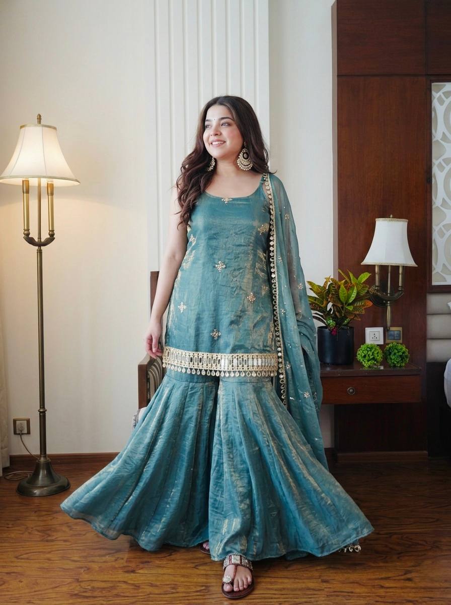 Teal Blue Designer Sharara Suit Set with Dupatta