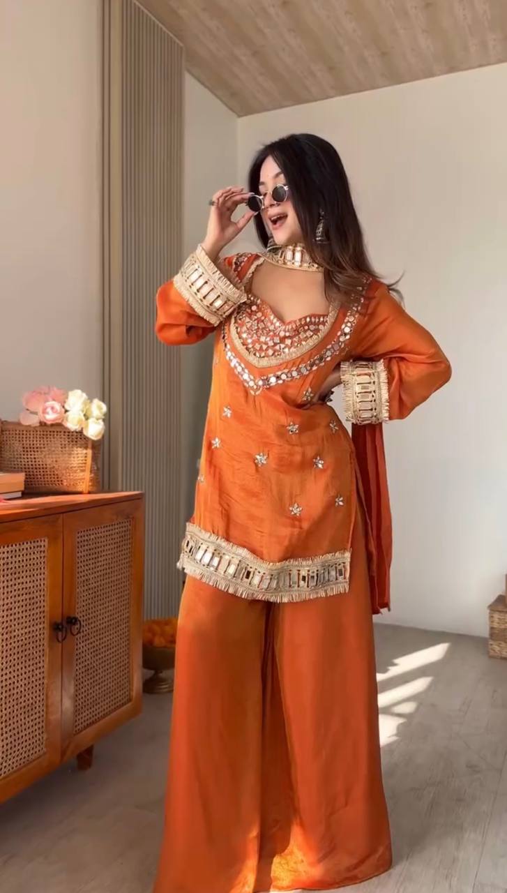 Designer Mirror Work Palazzo Suit Set with Dupatta