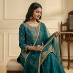 Elegant Embroidered Kurta Sharara Set with Net Dupatta