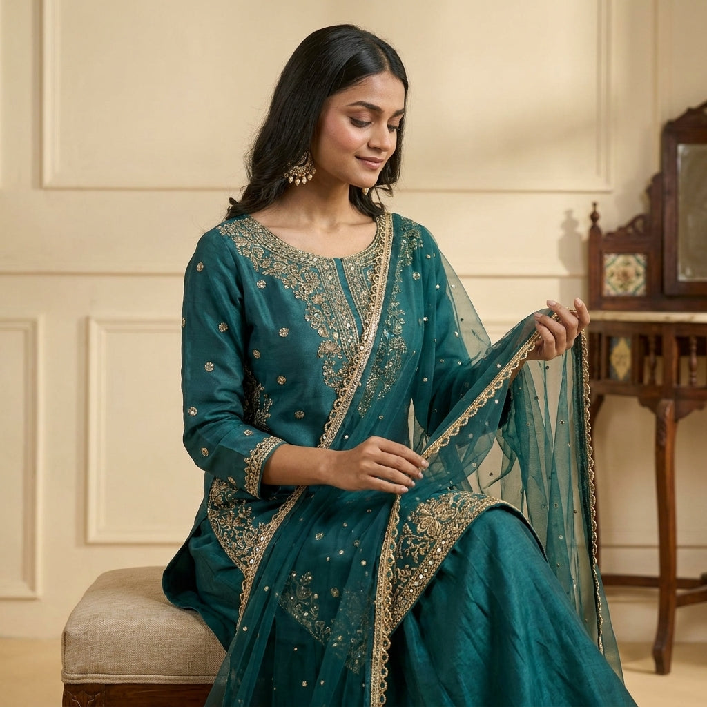 Elegant Embroidered Kurta Sharara Set with Net Dupatta