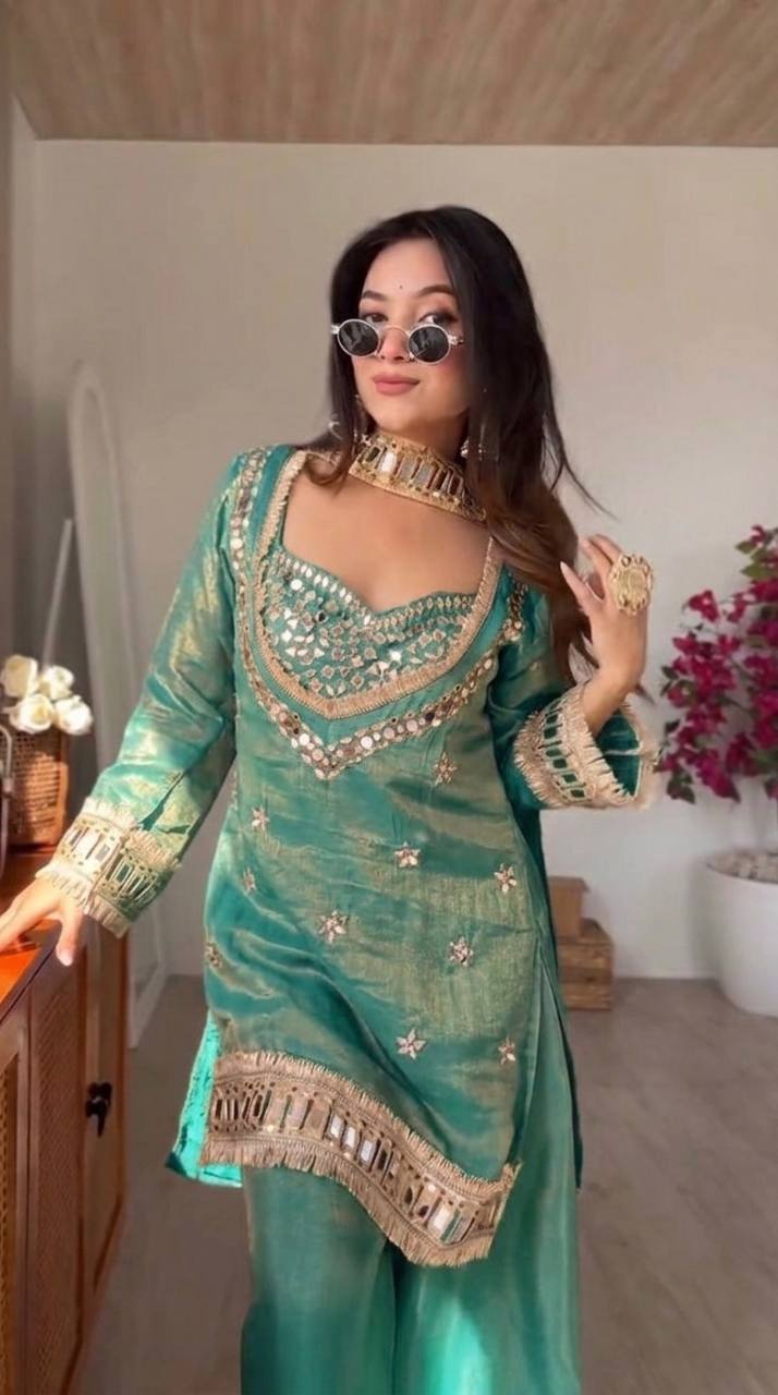 Designer Mirror Work Palazzo Suit Set with Dupatta