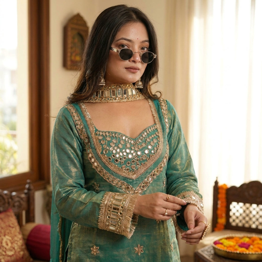 Designer Mirror Work Palazzo Suit Set with Dupatta