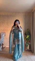 Sky Blue Embroidered Designer Palazzo Suit Set